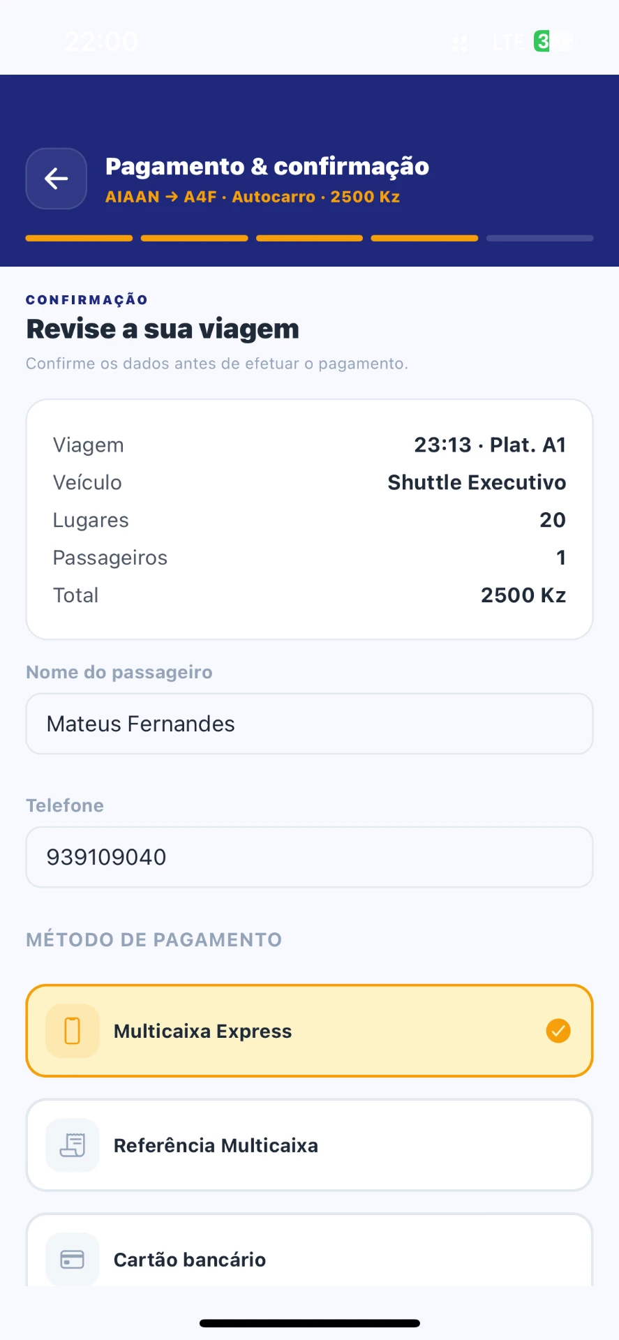 Aplicação Aero-Transfer — Pagamento e confirmação