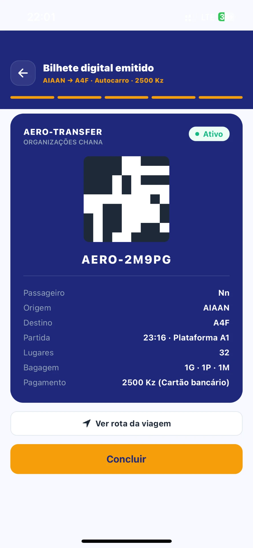 Aplicação Aero-Transfer — Bilhete digital com QR