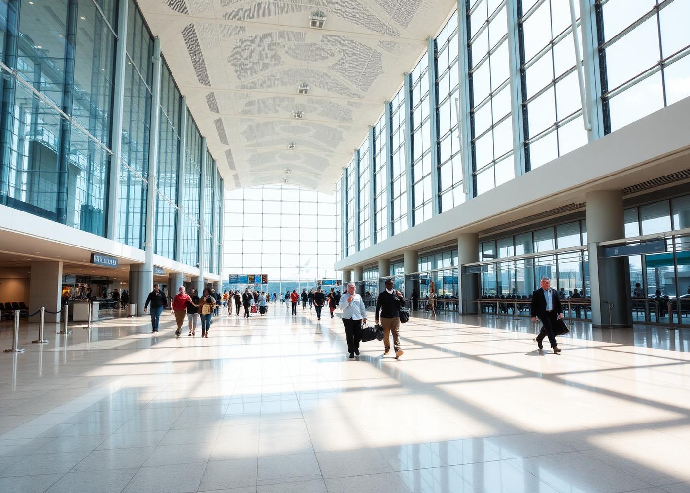 Terminal aeroportuário moderno com passageiros